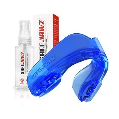 Image of SAFEJAWZ Sports Mouthguard/Gum Shield, Case and Cleaner Spray 50ml Bundle for Rugby, Boxing, Martial Arts, Lacrosse All Contact Adults Junior (Blue, (
