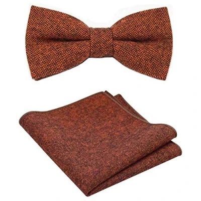 Image of Men&#039;s Luxury Wool Pre tied and Adjustable Bow Tie &amp; Pocket Square Set (Rust Burnt Orange) suitable for formalwear, office, weddings, parties, grooms groomsmen outfits