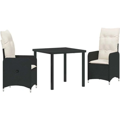Image of vidaXL 3 Piece Garden Dining Set with Cushions Black Poly Rattan