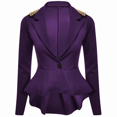 Image of Fast Fashion Women&#039;s Long Sleeves Plain Spikes Shoulder Peplum Button Blazer Purple 24