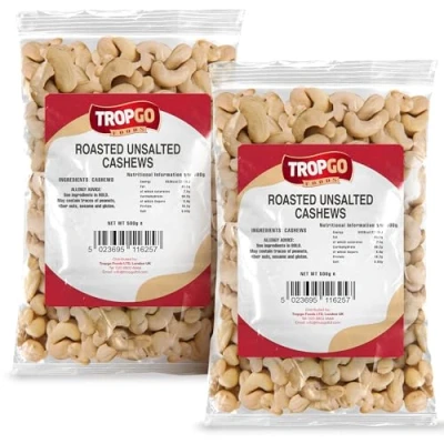 Image of Tropgo Roasted Unsalted Cashew Nuts 500g Pack of 2 Packed Fresh, with Fibre, Protein, and Minerals, Perfect for Snacking Kosher Approved Cashews Bulk Buy