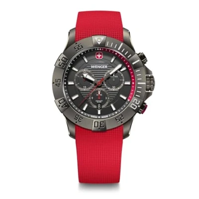 Image of Wenger Men&#039;s Watch Seaforce Chrono Analog Quartz, Chronograph, Ø 43 mm, Swiss Made, Water Resistant up to 200 m, Black/Red, Silicon Strap Red, 01.0643.128