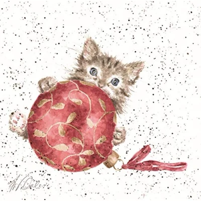 Image of Wrendale Designs Festive Kitten Print on White Square Canvas 20 Centimetre Purrrfect