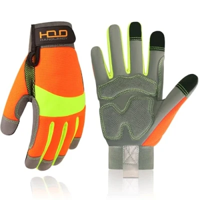 Image of HANDLANDY Anti Vibration Gloves Hi vis Reflective Safety Work Gloves, Touch Screen, Flexible Spandex Back Vibrant (Small, Yellow &amp; Orange)