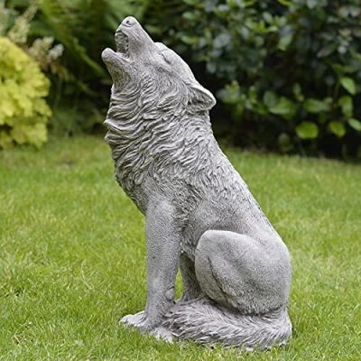 Image of ONEFOLD HOWLING WOLF HAND CAST STONE GARDEN ORNAMENT/STATUE/SCULPTURE