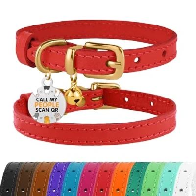 Image of BRONZEDOG Leather Cat Collar with Bells Non Breakaway Kitten QR Tag for Girl Boy (18 22 cm, Red &amp; Gold)