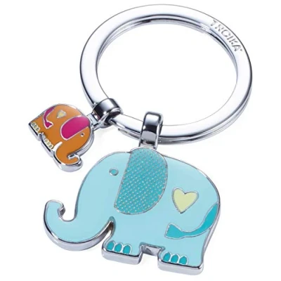 Image of TROIKA RÜSSELBANDE KR18 12/CH Keyring with 2 Charms Elephant, pachyderms, Proboscis, Trunk, Faithful cast Metal/Enamel Shiny Chrome Plated Multicoloured Original