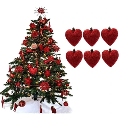 Image of UKDeals Direct® RED COLLECTION CHRISTMAS DROPLET BAUBLES TREE DECORATIONS GLITTER MATT ICICLES (Pack of 6 Heart 8cm)
