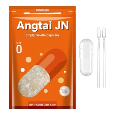 Image of Angtai JN Empty Capsules Size 0 Clear Gelatin (1000 Count) with Two Miro Lab Spoons Gel DIY Pure Bovine Capsule Filling Kosher, Gluten Free Non GMO Certified