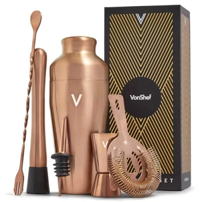 Image of VonShef Cocktail Shaker Set, Copper 6pc Set with 550ml Parisian Shaker, Professional Bartender for Home Bar, Including Strainer, Muddler, Jigger &amp; Other Bar Accessories, Gift Box Included