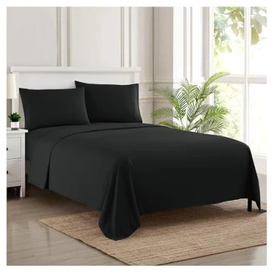Image of Sweet Home Collection Luxury Bedding Set with Flat, Fitted Sheet, 2 Pillow Cases, Microfiber, Black, Twin