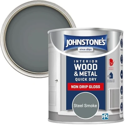 Image of Johnstone&#039;s Quick Dry Gloss Steel Smoke Finish Water Based Interior Wood &amp; Metal Radiator Paint Low Odour in 1 2 Hours 8m2 Coverage per Litre 0.75 L
