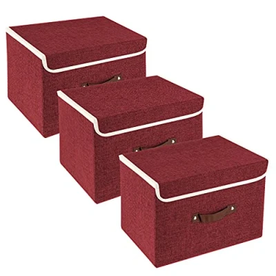 Image of TYEERS Collapsible Storage Box with Lid, Fabric for Clothes, Wardrobe Storage, 38x25x25 cm, Set of 3, Red Wine