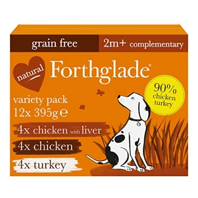 Image of Forthglade Complementary Wet Dog Food Variety Pack (12 x 395g Trays) Just Chicken, Chicken with Liver &amp; Turkey, 90% Meat, Grain Free Natural Ingredients, Hypoallergenic