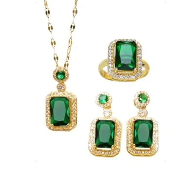 Image of KONFEN Crystal Jewellery Set for Women, Green Necklaces Earrings Ring with Cubic Zirconia, 925 Post Dangle Necklace Adjustable 3PCS Jewelry Vintage Women Girls