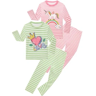 Image of SOIBEEN Girls Pyjama Set Long Sleeve T Shirt &amp; Pants Loungewear Unicorn Pink Striped Green PJs for Kids Sleepwear Nightwear 7 8 Years