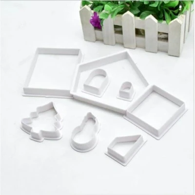 Image of AMOYER 8Pcs Plastic Cookie Cutter Set 3D Christmas Gingerbread House Mould DIY Fondant Biscuit Mold Pastry Cake Stamp Baking Tools