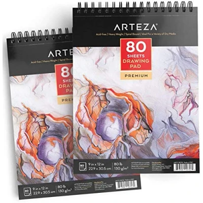 Image of Arteza 22.9 x 30.5 cm Drawing Pad 2 Pack, 160 Pages Total, Two Spiral Bound Artist Books, 80 Sheets Each, Durable Acid Free Sketch Paper (130g), for Beginners &amp; Experts