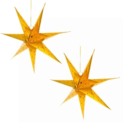 Image of Home &amp; Styling LED Light Star Paper 60cm Hanging Christmas Decoration Ornament Set (Gold, of 2)
