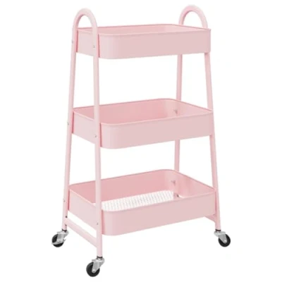 Image of vidaXL pink 3 tier steel storage trolley/cart rolling organizer for kitchen/bathroom/office 42x41.5x77 cm with lockable wheels and ergonomic handles