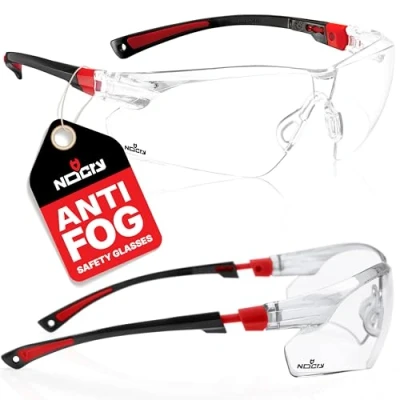 Image of NoCry Clear Safety Glasses for Work with Anti Fog Scratch Resistant Wrap Around Lenses and Non Slip Grips, UV Protection. Adjustable Eye Protection Cycling Squash Black &amp; Red Frames