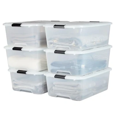 Image of Iris Ohyama Plastic Storage Boxes with Lids, 30L, Set of 6, Clear, Latching Buckles Handles, Stackable, Wing lid, Strong &amp; Durable, For Closet, Garage, Home, Office, Organising Tote Bins, TBH 30