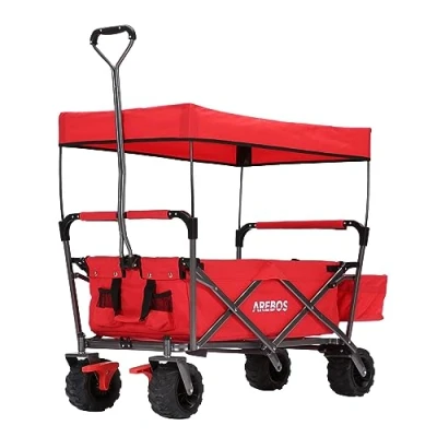Image of Arebos Handcart Foldable with Roof Folding Tool Trolley Red