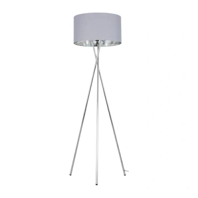 Image of Modern Polished Chrome Metal Tripod Floor Lamp with a Grey &amp; Cylinder Shade