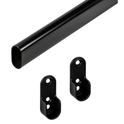 Image of Gedotec Wardrobe Rail Oval 2000 mm 1 Piece with 2 Pieces Rod Fixings Furniture Pipe 30 x 15 Clothes Black Metal Cupboard Tube