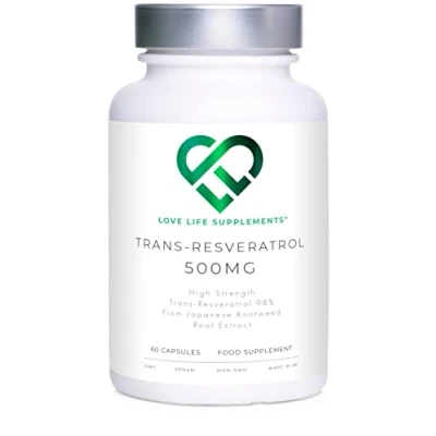 Image of High Strength Trans Resveratrol 98% Purity (3rd Party Tested) 500mg x 60 Capsules / Servings from Japanese Knotweed Root Extract Pure Fill (Nothing Else Added) Love Life Supplements