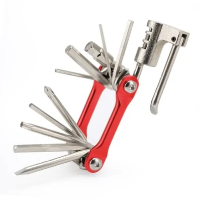 Image of QitinDasen Professional 11 in 1 Multifunctional Bike Repair Tool, Portable Foldable Bicycle Mini Stainless Steel &amp; Maintenance Tool Kit (Red)