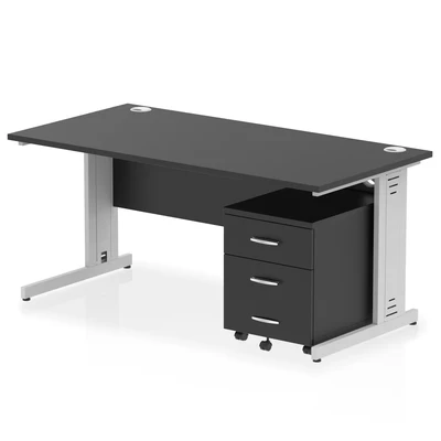 Image of Impulse 1600x800 Desk Black/Silver Cable Managed 3 Drawer Mobile Ped