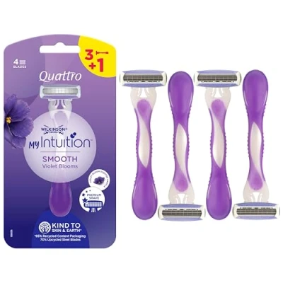 Image of WILKINSON SWORD My Intuition Quattro for Women Smooth Violet Blooms Pack of 3 + 1 Extra Disposable Razors