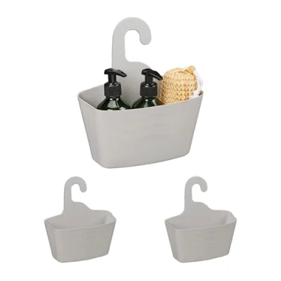 Image of Set of 3 Shower Basket for Hanging, No Drilling, Plastic, Bathroom Caddy, Shelf Shampoo, Gel, Organiser, Grey Relaxdays