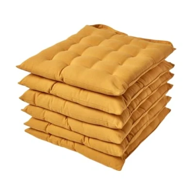 Image of HOMESCAPES Mustard Yellow Seat Pads for Dining Chair, Set of 6 100% Cotton Chair with Straps, 40x40 cm