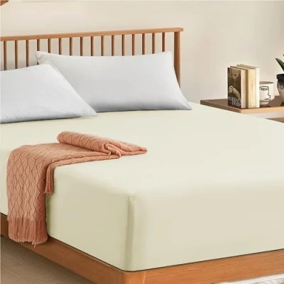 Image of My Home Store Single Fitted Cotton Sheet 300TC Hotel Quality 30 cm Bedsheets (Cream)
