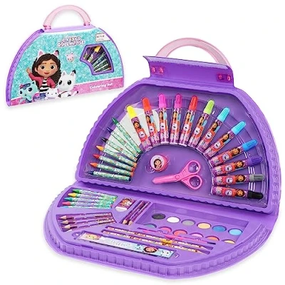 Image of Gabby&#039;s Dollhouse Art Set, 40+ Pcs Colouring Pencils Pens Paint Supplies (Purple Halfmoon Set)