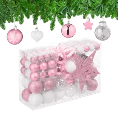 Image of Relaxdays Christmas Baubles Set of 101, Glittering, Tree Decorations, Spheres &amp; Spikes, Plastic, Traditional, Pink, 19 x 20 2.5 cm