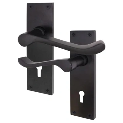 Image of EAI Black Victorian Scroll Door Handles for Key Lock 1 Pair of Matt Internal Lever on Backplate