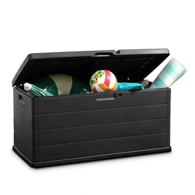 Image of idooka Large Garden Storage Box with Lid 336L Water Resistant Plastic Lockable w/Wheels Furniture Cushions/Wellies/Logs/Coal/Garden Tool Grey Deck Box/Garage
