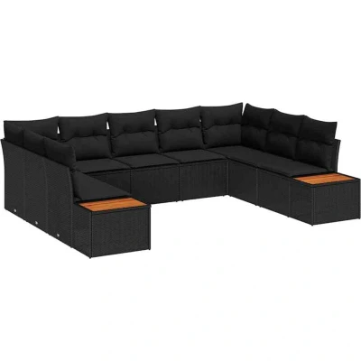 Image of vidaXL 9 Piece Garden Sofa Set with Cushions, Black Poly Rattan &amp; Acacia