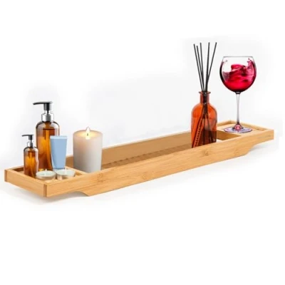 Image of MantraRaj Bamboo Bath Caddy Tray Bridge Natural Wooden Bathtub Rack Tidy Accessories Bathroom Shelf Organizer Table Board Storage Tub for Reading,Tablet