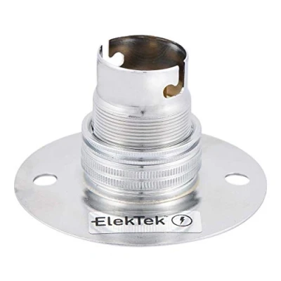 Image of ElekTek Batten B22 BC Bayonet Cap Lamp Holder with Shade Ring 50mm/2 Centre Fixings FITS BESA Conduit Box Made in UK Chrome