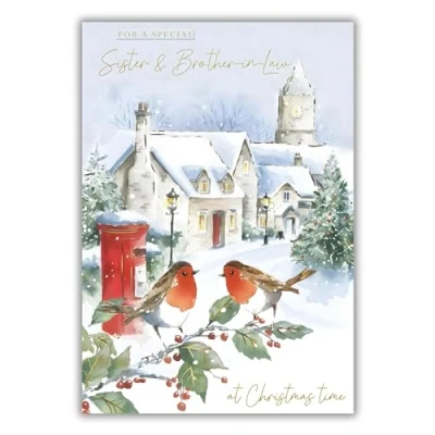 Image of GBCC Sister &amp; Brother in Law Christmas Card Robins and Snowy Village Special Finishes Made the UK Eco Friendly