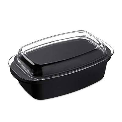 Image of Relaxdays 10026647 Roaster with Glass Lid, Non Stick, Casserole Dish, Aluminium Broiler, Dishwasher Safe, 39 cm, Black