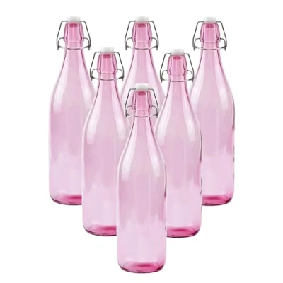 Image of simpa 1 Litre Traditional Vintage Style Glass Bottles with Swing Top Lids Set of 6 Pink Bottles.