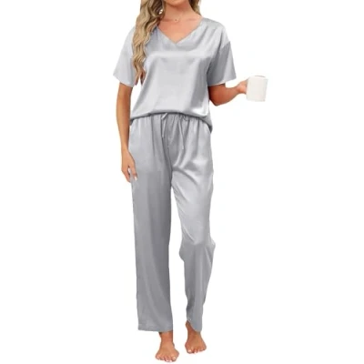 Image of Reliwel Silk Pyjamas for Women Women&#039;s Pyjama Sets V Neck Short Sleeve Shirt Pjs with Long Pajama Pants Soft Loungewear two Piece Ladies All Seasons S 2XL Light Grey