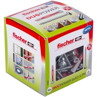Image of fischer DuoPower 6 x 50 S PH, powerful universal plug with panhead screw, intelligent 2 component technology for fastenings in concrete, bricks, stone, gypsum plasterboard, etc., plugs &amp; screws