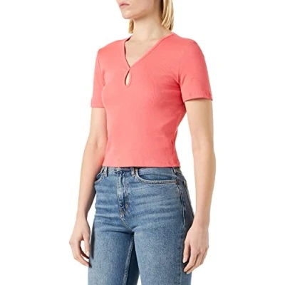 Image of Noisy may Women&#039;s Nmmaya S/S O Neck Cutout Top Noos T Shirt, Sun Kissed Coral, XS