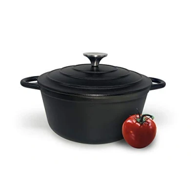 Image of Cast Iron Pot with Lid Non Stick Enamelled Casserole Dish Oven Safe Heavy Duty Dutch 24cm Round Black 3.7L